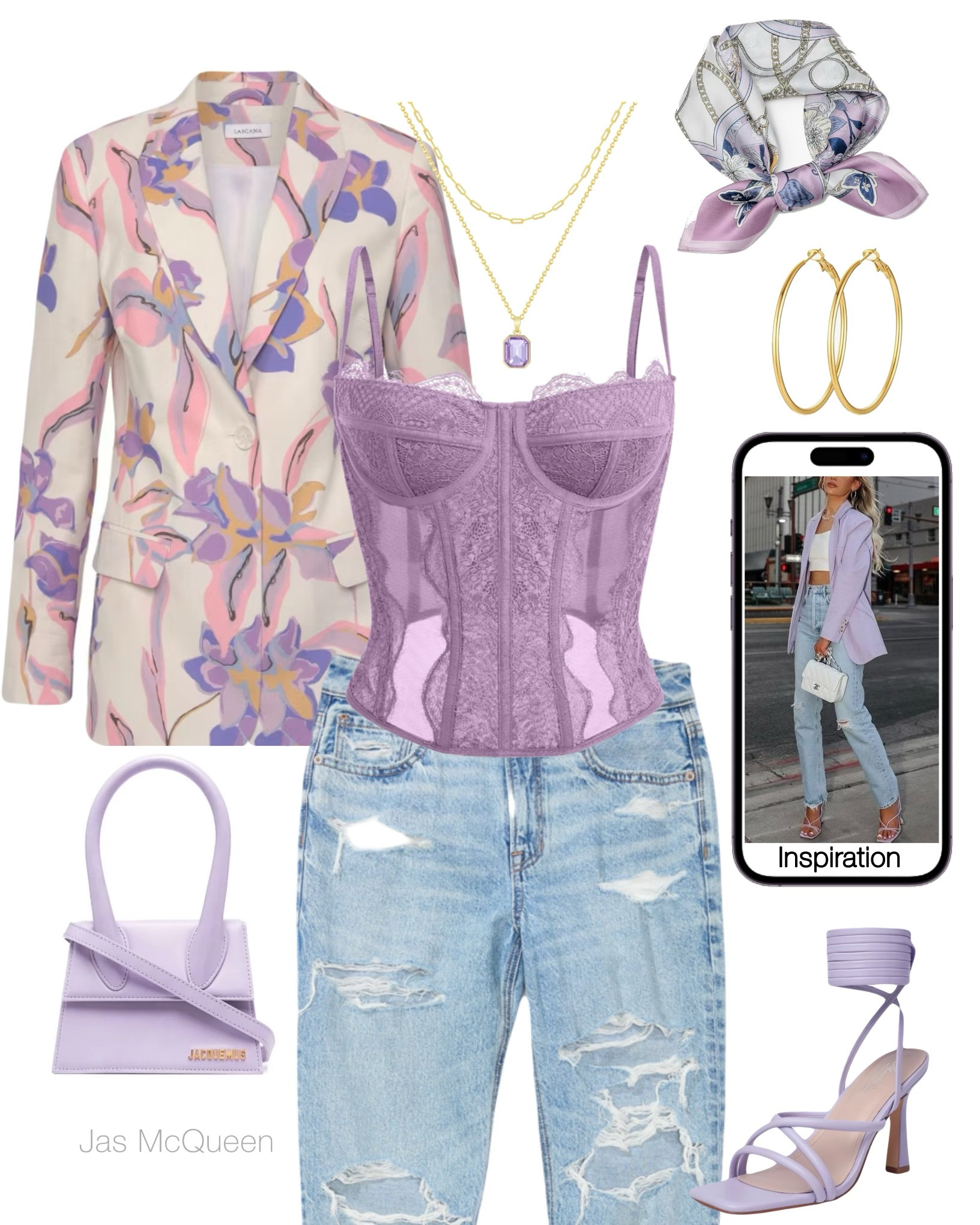 Lavender Floral Blazer Casual outfit for Spring!

Lilac twilly, Strappy heels, purple JACQUEMUS bag, gold hoops, purple lace bustier, ripped denim jeans, purple off-white sneakers, blazer

#LTKSpringSale #LTKShoeCrush #LTKItBag