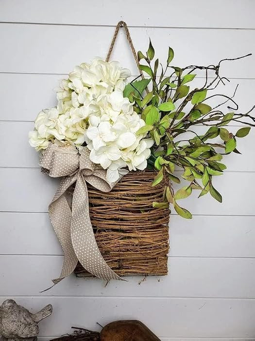 2026 Cream Hydrangea Door Hanger Basket Wreath, Spring Summer Wreaths for Front Door Wildflowers ... | Amazon (US)