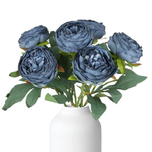 INSUNSIX 6PCS Blue Peony Artificial Flowers 19.7" Vintage Fake Peonies Silk Flower Arrangements for Wedding Bridal Bouquet Home Party Office Decoration(Blue) | Amazon (US)