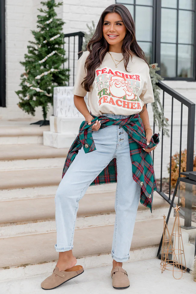 Teacher Repeat Santa Ivory Oversized Graphic Tee | Pink Lily