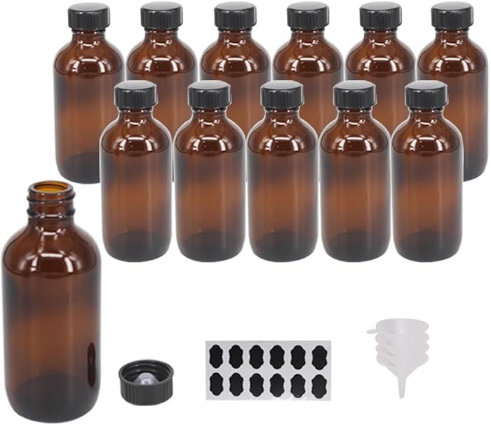 12 Pack 4 oz Amber Boston Glass Bottle with Black Cap, Funnel, Labels for Homemade Vanilla Extrac... | Amazon (US)