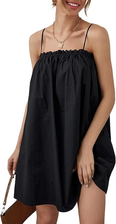 OYOANGLE Women's Spaghetti Straps Sleeveless Loose Ruffle A Line Cami Short Dress with Pocket | Amazon (US)