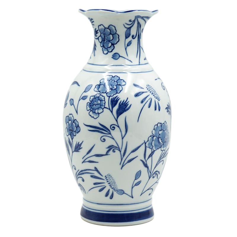 Blue & White Floral Ceramic Vase, 12" | At Home