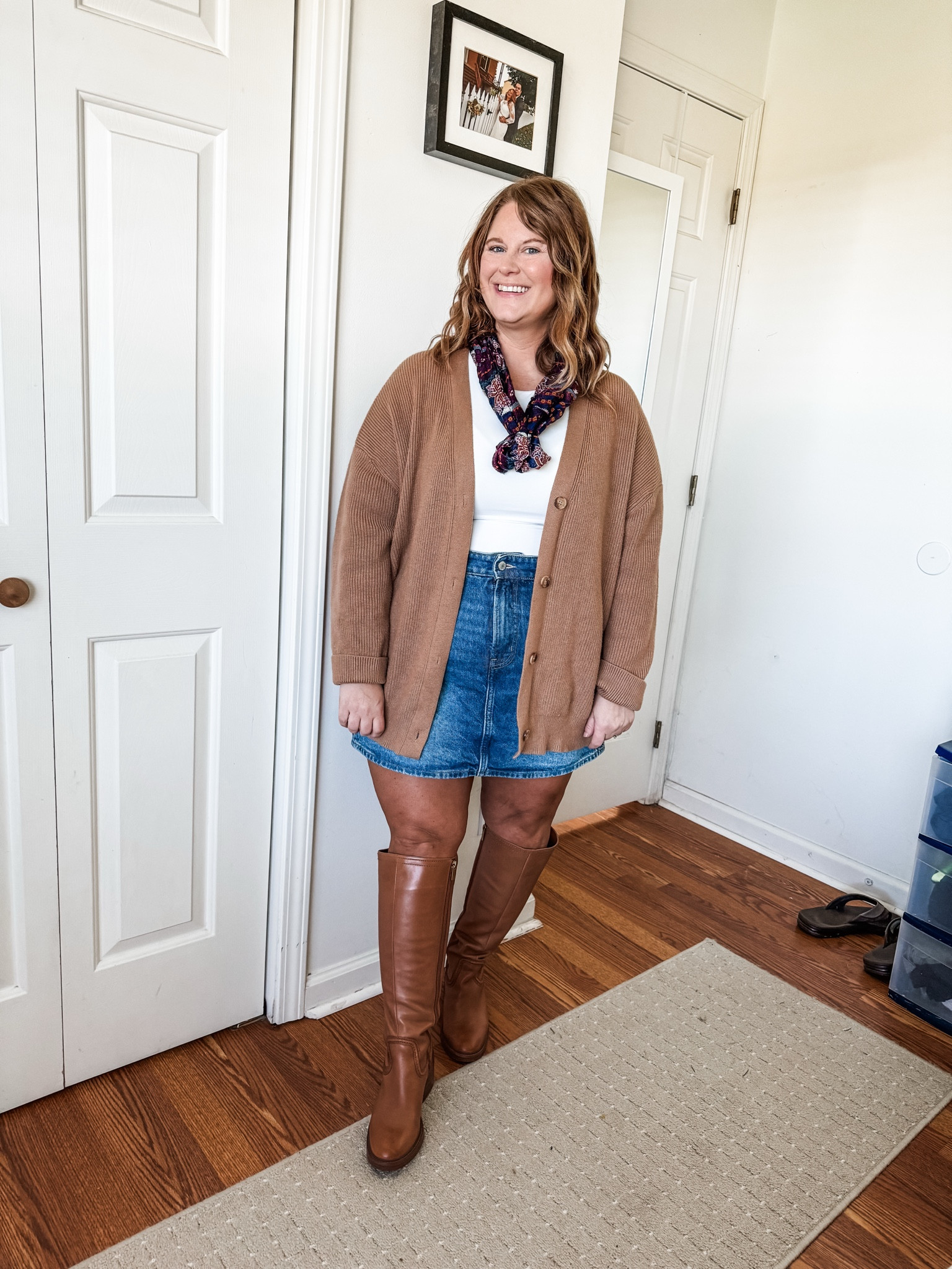 My denim skirt is older so linked similar.  Wearing a large in my cardigan and an XL in my tee  

#LTKMidsize #LTKgrwm #LTKSeasonal