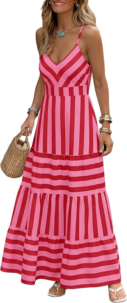 Caracilia Summer Maxi Dresses for Women Spaghetti Strap Back Smocked A Line V Neck Casual Long Dr... | Amazon (US)