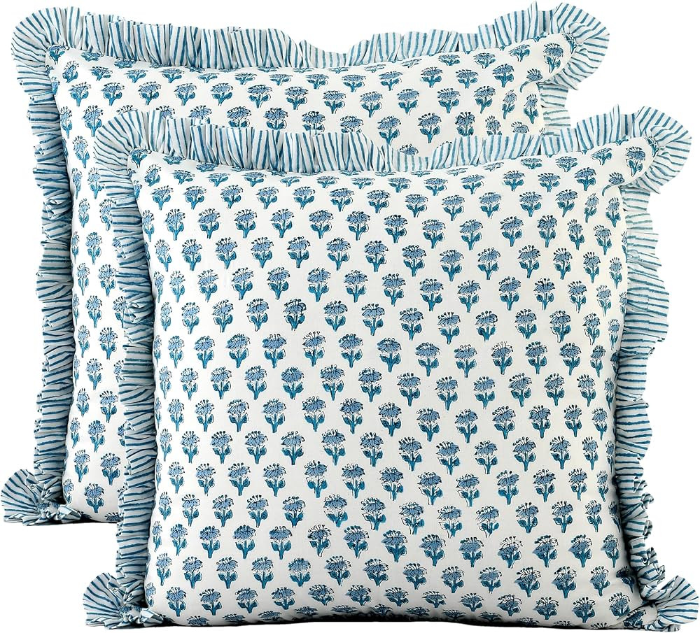 CPC Apatite Blue Ruffle Throw Pillow Covers for Couch, 20x20 Inch Cotton Stripe Ruffle Couch Pill... | Amazon (US)
