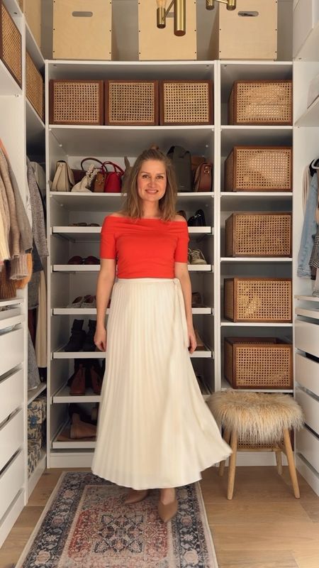 Red bardot bandeau top, pleated maxi white skirt, brown slingback 

#LTKstyletip #LTKSeasonal #LTKeurope