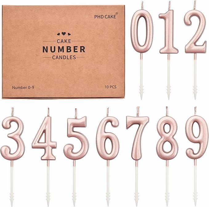 PHD CAKE 10-Pieces Rose Gold Numeral Birthday Candles, Cake Numeral Candles Number 0-9 Glitter Ca... | Amazon (US)