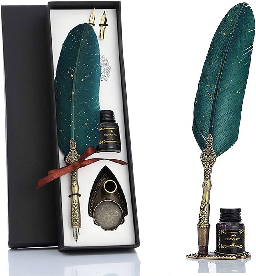 Feather Pen and Ink Set, Glittering Quill Pen Set Antique Calligraphy Dip Pen with Ink, 2 Replace... | Amazon (US)