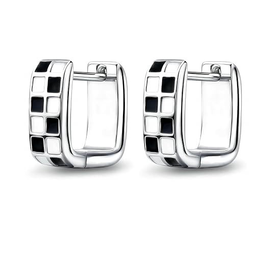 Checkered Earring For Women, Dainty Oval Checker Chunky Hoop Earrings, 18K Gold Plated Filled Enamel Checker Hoop Earrings, Hypoallergenic Fashion Trendy Jewelry Gifts (Oval, Silver-Black) | Amazon (US)