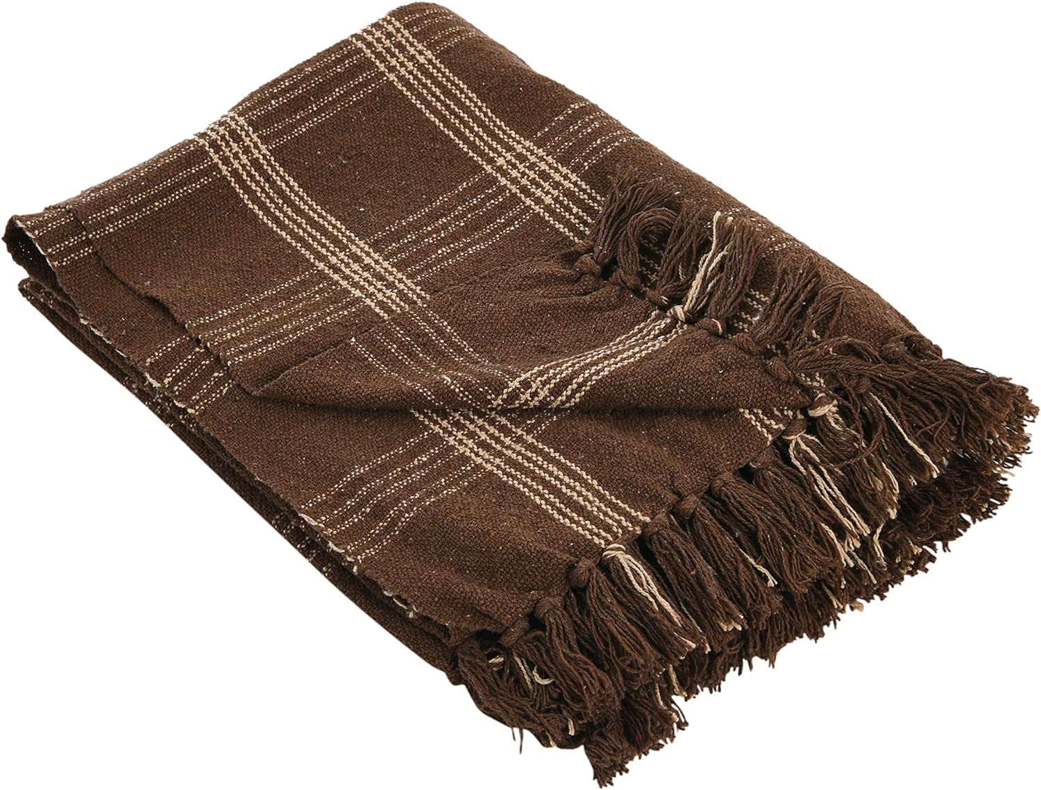 Recycled Cotton Blend Throw Blanket with Fringe, Brown Plaid | Amazon (US)