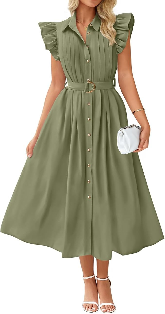 ZESICA Womens Summer Button Midi Dress Casual Work Dresses | Belted Dress,Button Down,Flutter Sho... | Amazon (US)