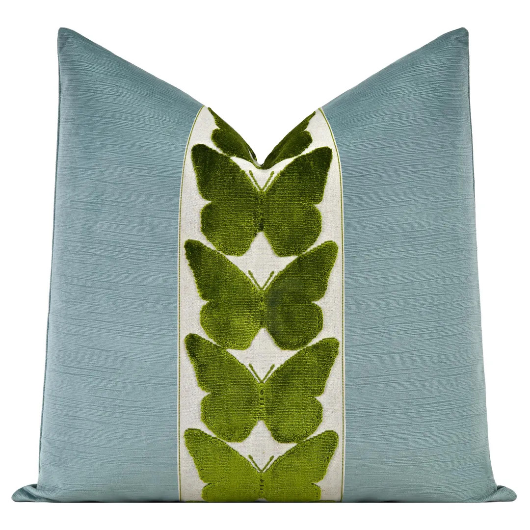 Striated Velvet Pillow Cover With Large Butterfly Trim | Dusty Turquoise Velvet Pillow Cover With... | Etsy (US)