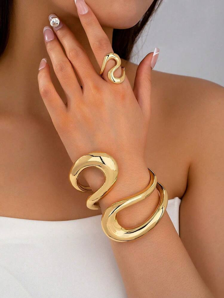 Pack Of 2 Chunky Cuff Bracelet Bangle Ring Set Spriral Design Statement Rings Arm Cuff Old Money Style Jewelry Set | SHEIN
