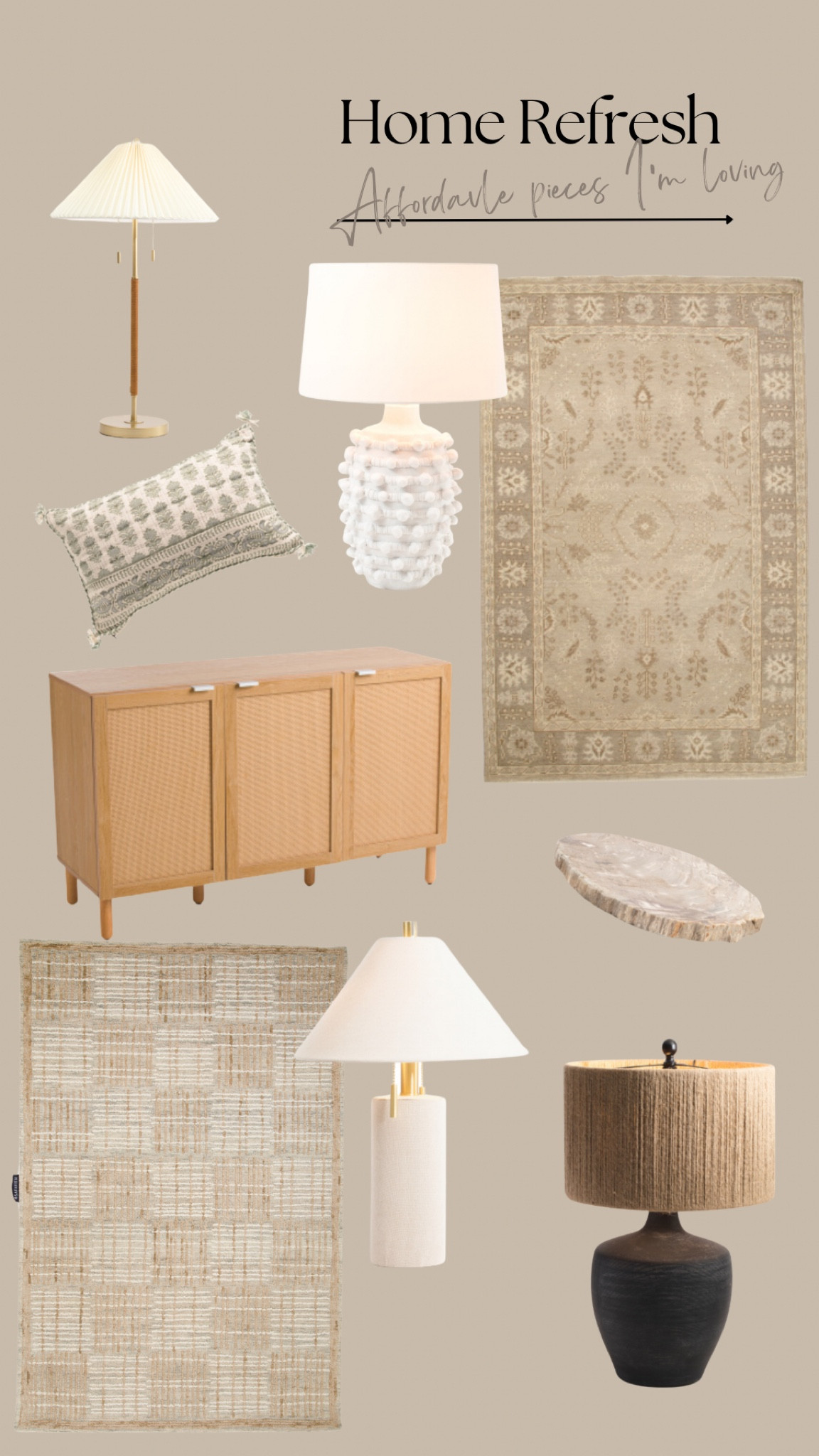 Home Refresh: affordable pieces I’m loving. 


TJmaxx, lamps, neutral rugs, console table, cane cabinet, designer lookalike home decor, designer home decor, designer lamps, petrified wood decor, home styling, neutral home 

#LTKhome