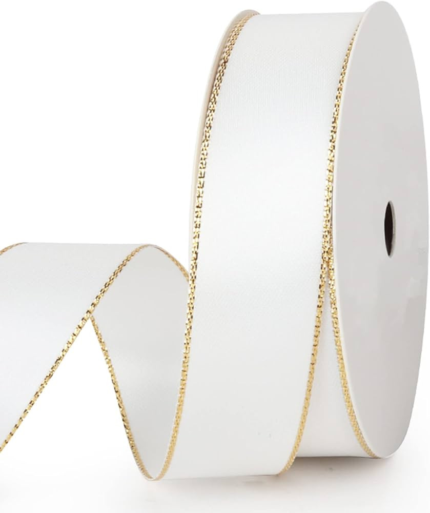 VIVIQUEN White Double Faced Satin Ribbon with Gold Edge, 1” Polyester Continuous Ribbon -25 Yar... | Amazon (US)