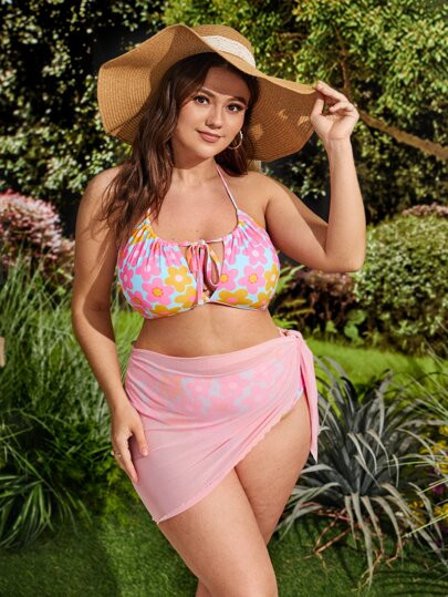 Plus Floral Halter Bikini Swimsuit With Beach Skirt | SHEIN