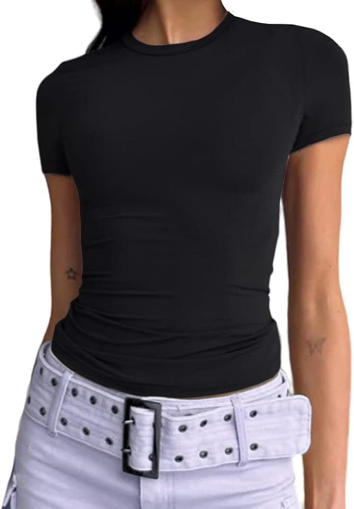 Abardsion Women's Casual Basic Going Out Crop Tops Slim Fit Short Sleeve Crew Neck Tight T Shirts | Amazon (US)