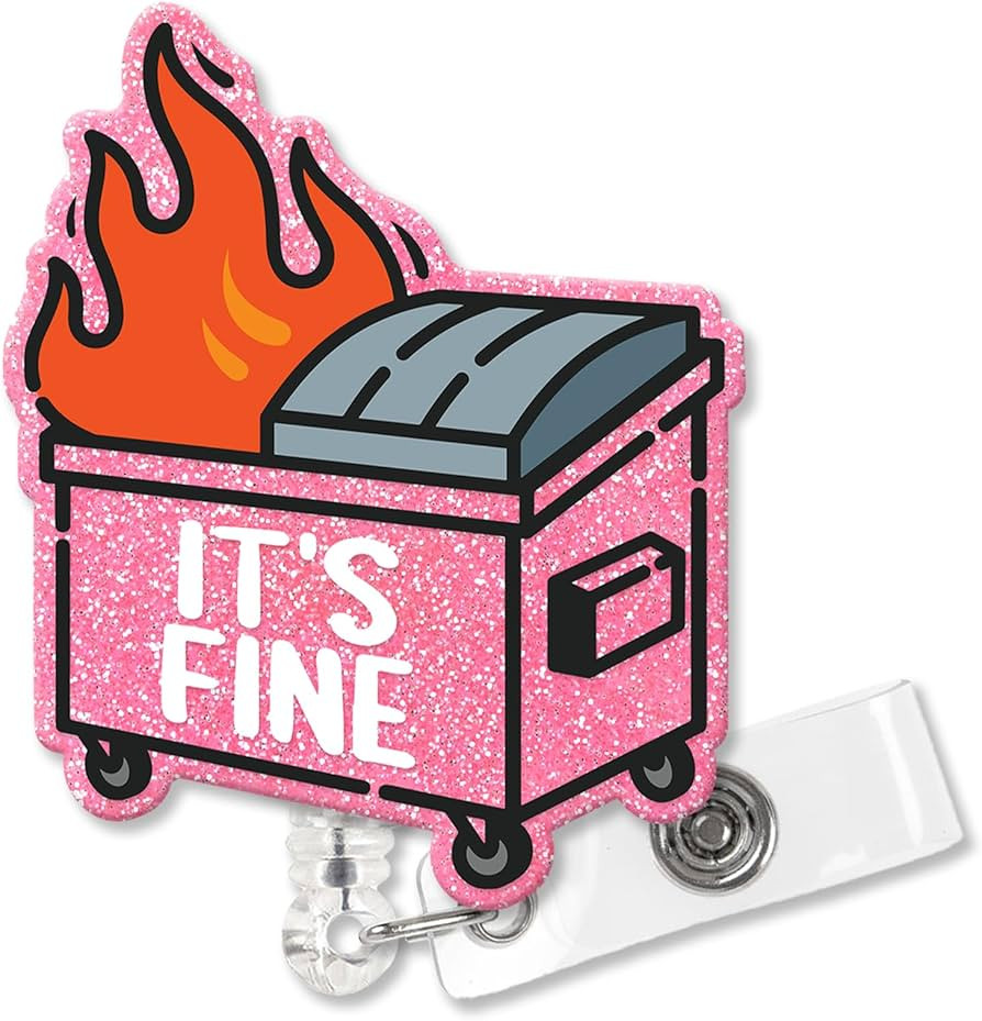 XQLZY It's Fine I'm Fine Retractable Pink Glitter Badge Reel with Alligator Clip, Funny Trash Can... | Amazon (US)