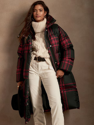 Plaid Water-Repellent Long Puffer Coat | Banana Republic (US)