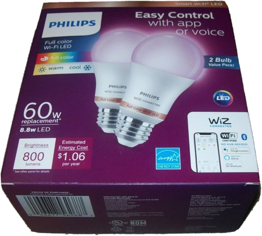 Philips Wiz connected 2-Pack bundle A19 LED Wi-Fi Smart Bulb FULL COLOR 800 Lumens Dimmable 60w e... | Amazon (US)