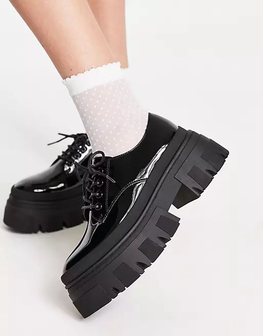 ASOS DESIGN Magda chunky lace up flat shoes in black patent | ASOS (Global)