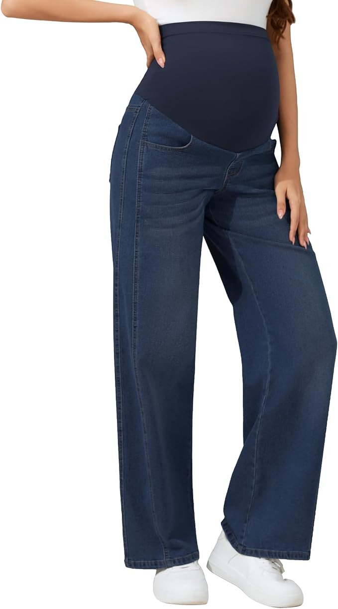 POSHGLAM Women's Maternity Jeans Wide Leg Side Seam 4 Pockets Stretchy Comfy Pregnancy Denim Pant... | Amazon (US)