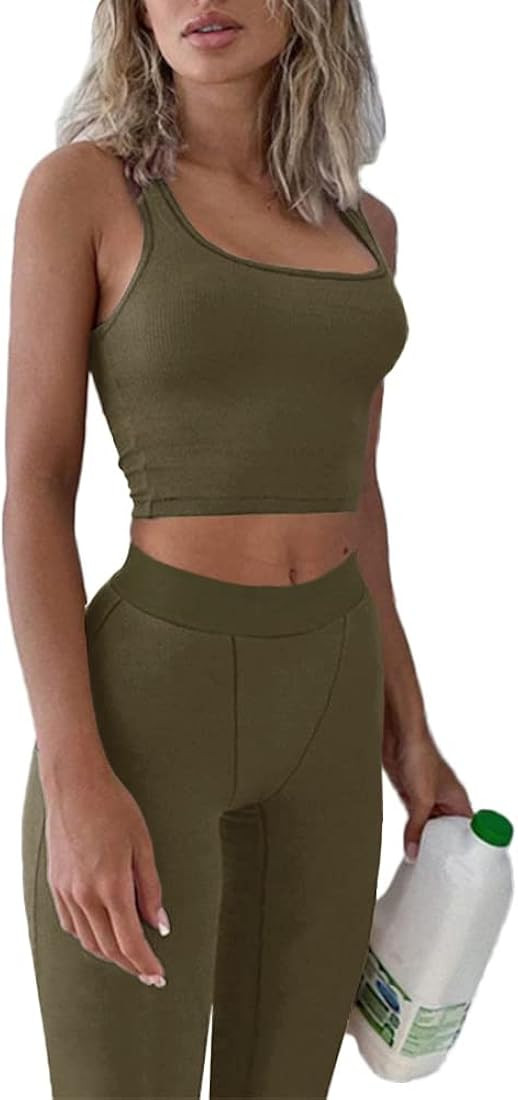 Ribbed Knitted Women 2 Piece Set Gym Crop Tank Top Leggings Set Casual Streetwear Sporty Tracksuit S | Amazon (US)