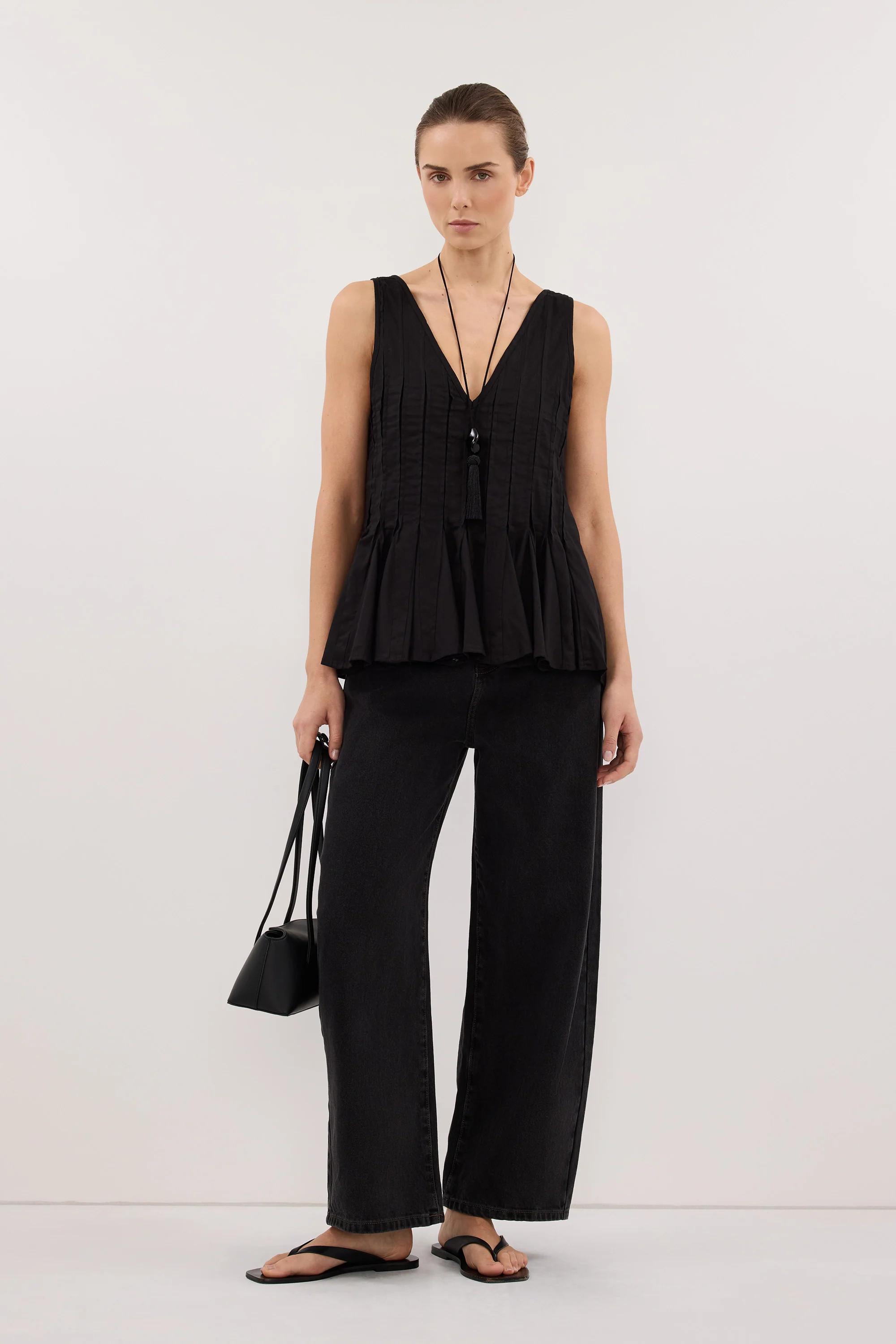 PIXIE BLACK LINEN GODET TOP | DISSH