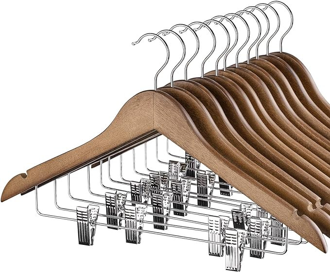 HOUSE DAY Wooden Hangers with Clips 12 Pack, Heavy Duty Walnut Wood Pants Hanger, Premium Skirt H... | Amazon (US)