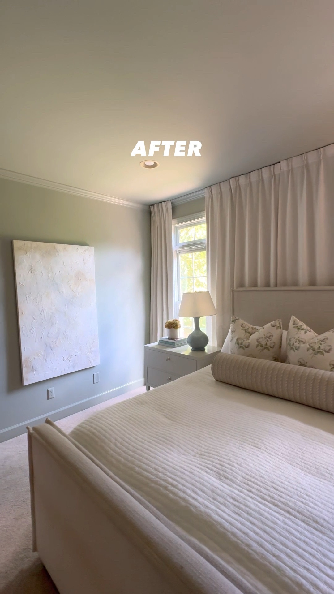 Master bedroom before & after. Blackout linen curtain wall with track system. Upholstered neutral bed. Southern garden inspired decor with bowood floral pillows and wall color by Farrow & Ball called “Blue Gray” 

Ballard lamps in size large in color French Blue

#LTKHome