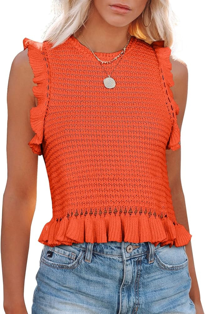 PiePieBuy Women's Summer Knit Tank Tops Crew Neck Sleeveless Cami Shirts Tees Ruffle Sweater Vest | Amazon (US)