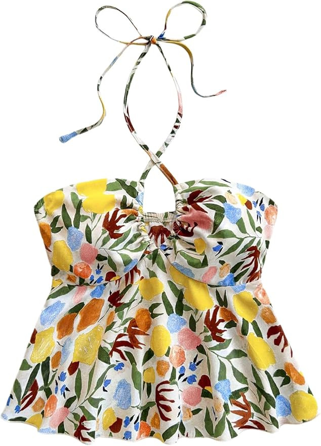 SOLY HUX Women's Boho Print Halter Cami Top Sleeveless Backless Ruffle Flared Summer Crop Tops | Amazon (US)