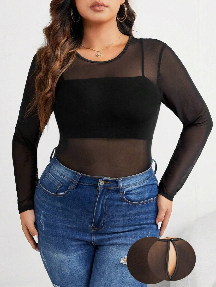 SHEIN Privé Women Plus Size Crew Neck Stretchy Long Sleeve Tops For Autumn | SHEIN