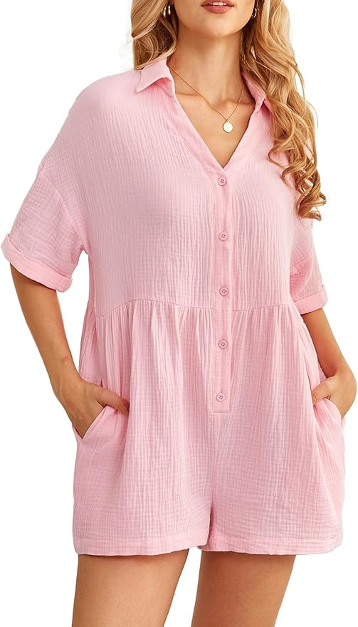 Kikibell Women's Summer Short Sleeve Romper Casual V Neck Wide Leg Short Jumpsuit Button Beach Ro... | Amazon (US)