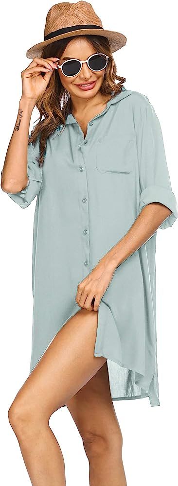 Sheshow Women's Beach Cover Up Long Sleeve Button Down Sleep Shirt Dress Swimsuit Covers | Amazon (US)