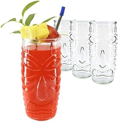 Set of 4 Tall Bar Tiki Glasses - Hawaiian Style Glass 20 Ounce Clear Large Tumblers - w/Straws | Amazon (US)