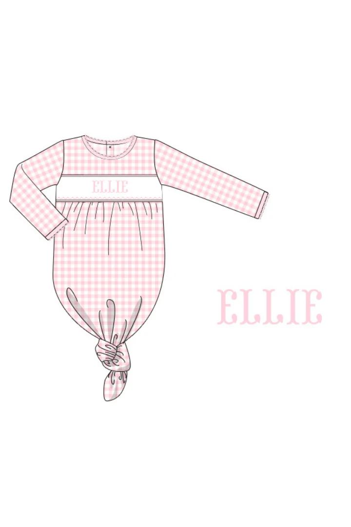 Pre-Order Smocked Pink Gingham Knotted Baby Gown | The Smocked Flamingo