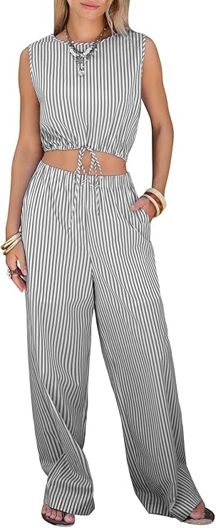EXLURA Womens 100% Cotton 2 Piece Outfits Stripe Drawstring Crop Tank Tops Wide Leg Pant Sets Fau... | Amazon (US)