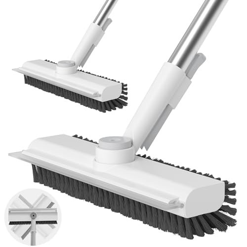 Floor Scrub Brush with Long Handle, 3 in 1 Scrape and Heavy-Duty Stiff Bristle Scrubber Brush for Cleaning Shower Bathroom, Patio, Garage, Kitchen, Wall and Deck (White, 2 Pack) | Amazon (US)