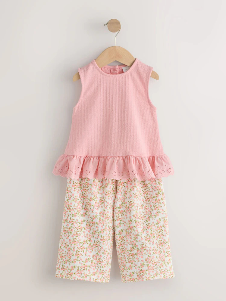 Pink Flower Broiderie Vest and Wide Trousers Set (3mths-7yrs) | Next US