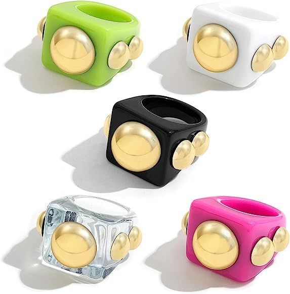 SLOONG 5pcs Y2K Style Chunky Retro Resin Acrylic Ring Plastic Rings Kids Ring Cute Colorful Candy Ri | Amazon (US)