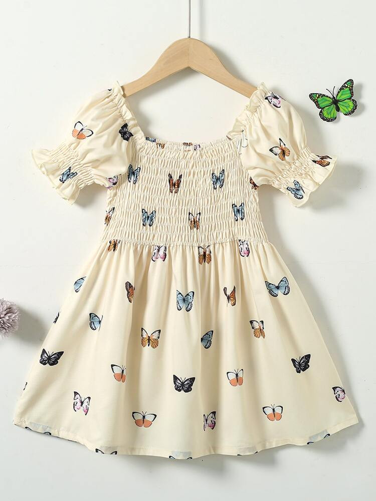 Toddler Girls Butterfly Print Shirred Puff Sleeve Dress | SHEIN
