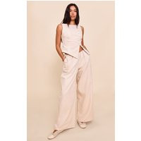Natural Premium Linen Side Tie Detail Wide Leg Pants | PrettyLittleThing US