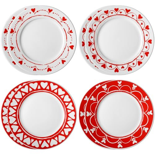 Jinei Set of 8 10 Inch Valentine's Day Ceramic Flat Plates Red White Heart Dining Serving Plates Round Dessert Salad Dish Set Gift for Valentine's Day Wedding Anniversary Party Decoration | Amazon (US)