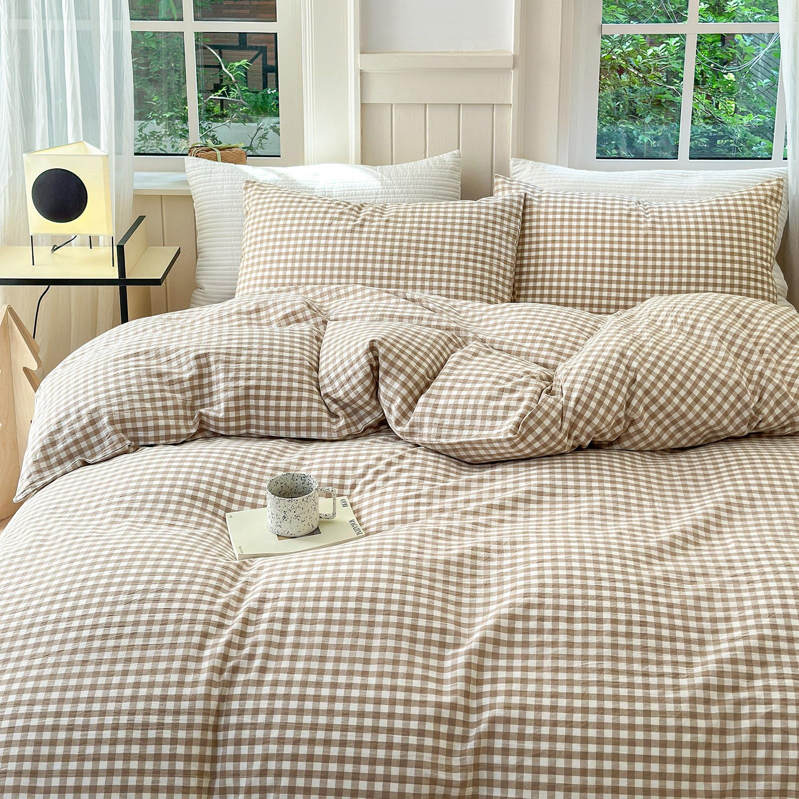 LifeTB Tan Gingham Grid Duvet Cover Queen 3 Pieces Beige Plaid Duvet Cover 100% Washed Cotton Boh... | Amazon (US)
