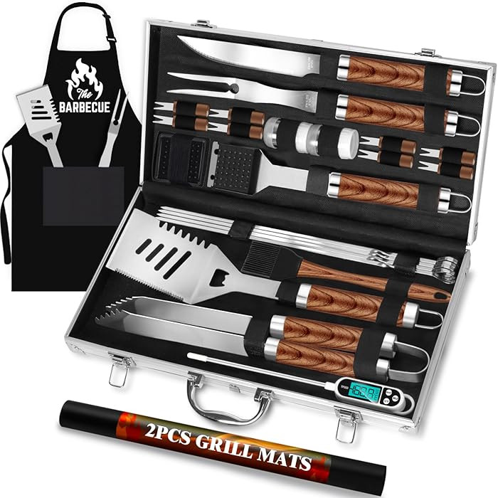 26pcs Grilling Gifts for Men, Dad Gifts for Father's Day, Stainless Steel BBQ Grill Accessories Tools Set, Heavy Duty BBQ Utensils Kit with Apron, Thermometer, Mats in Aluminum Case Brown | Amazon (US)