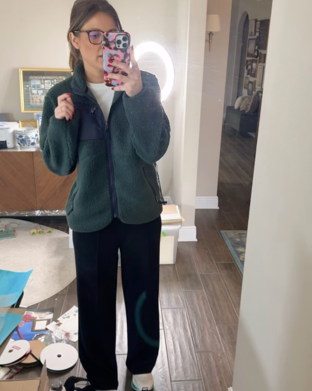 5’6” with a long torso- 
Medium in jacket and tee
Small 30” inseam in pants 

#LTKShoeCrush #LTKFindsUnder100 #LTKSaleAlert