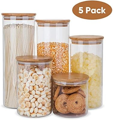 Glass Food Storage Containers Set,Airtight Food Jars with Bamboo Wooden Lids - Set of 5 Kitchen C... | Amazon (US)