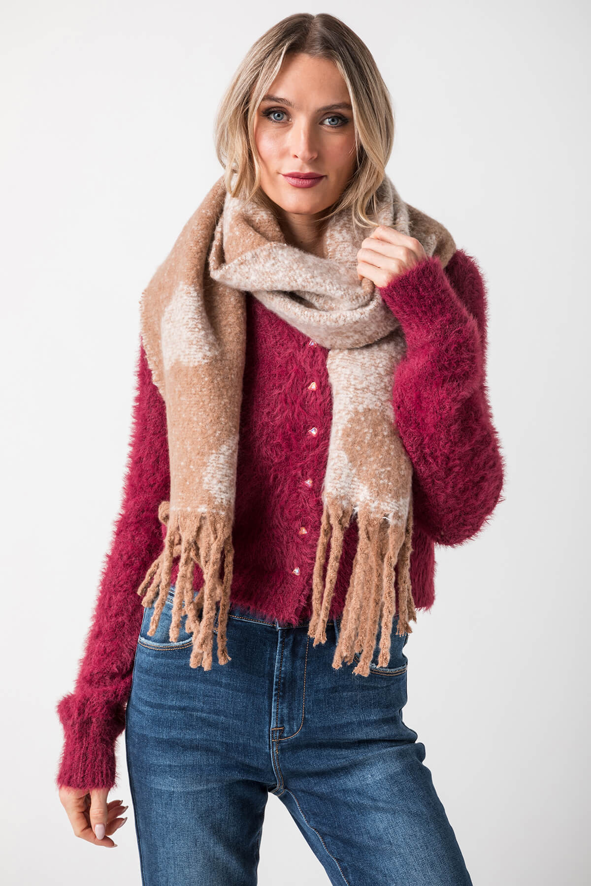 Look by M Knitted Heart Tassel Scarf | Social Threads